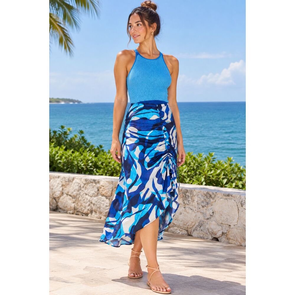 NIC+ZOE Women's Medium Blue Tropical Palm Abstract Asymmetrical Ruffle Skirt NWT